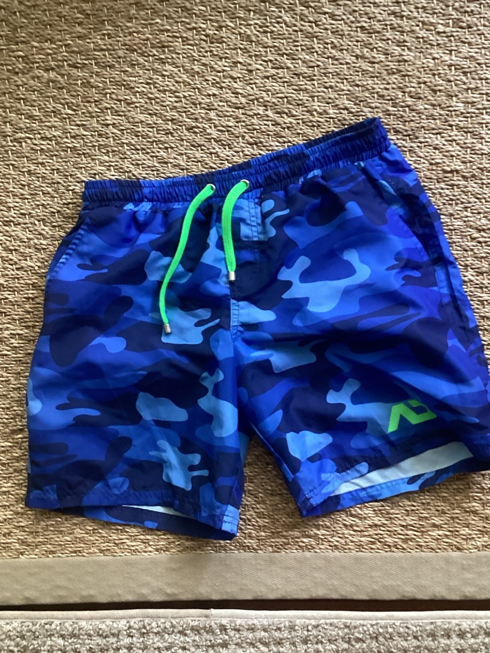 Addicted Brands Blue Camo Swim Trunks with Neon Green Drawstring